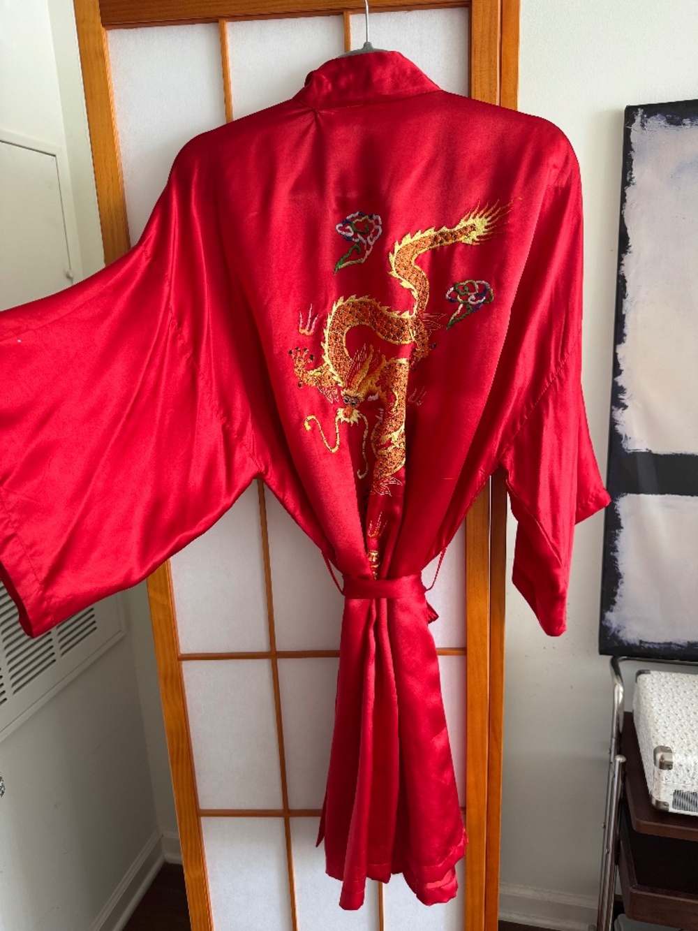VTG Pearls Silk Red Robe Chinese Dragon Embroidery Gold